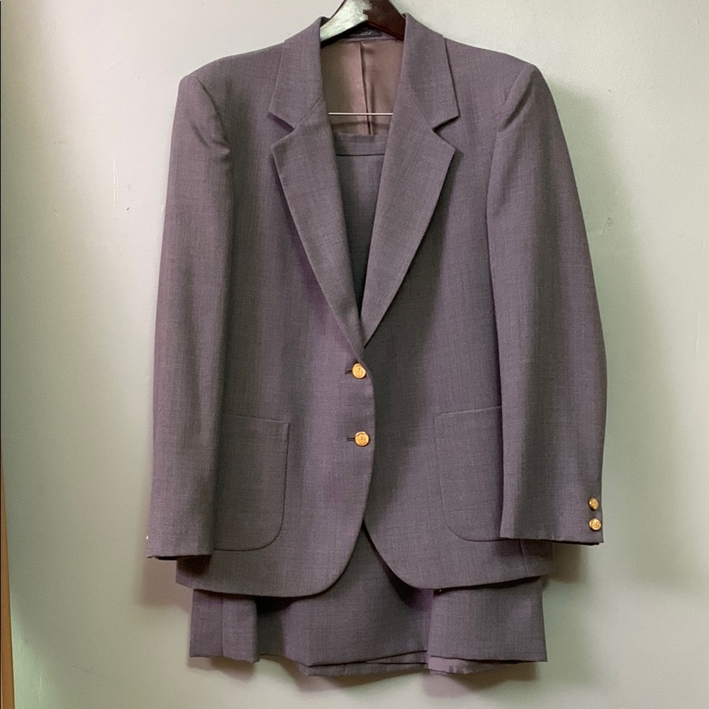Vintage Elegant Gray Women's Suit Blazer with Gold Buttons and Matching Skirt
